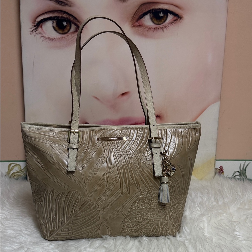 Brahmin Beige Embossed Tote Bag medium size with tassle